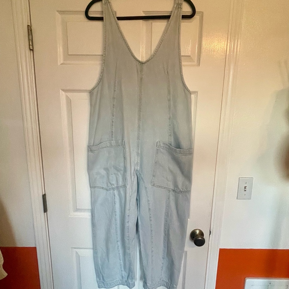 We The Free Light Wash High Roller Denim Overalls
